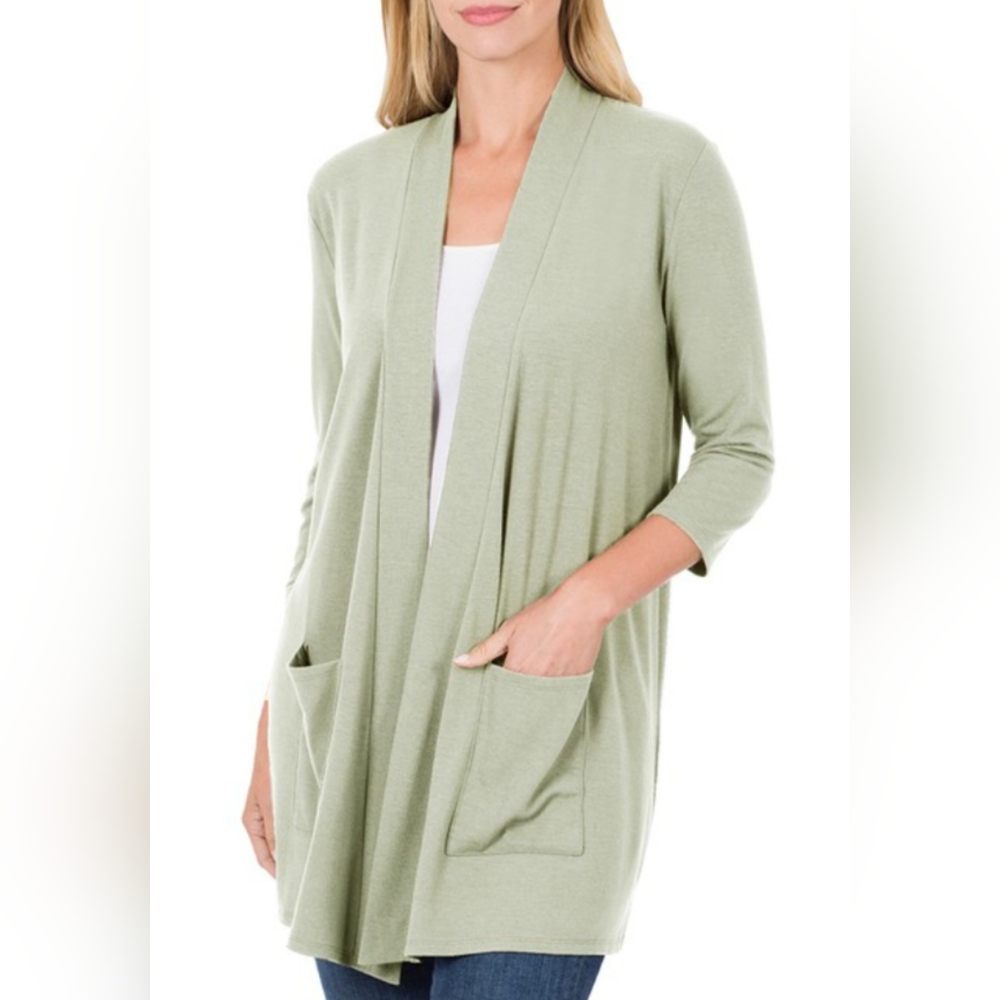 Zenana Open Cardigan with Pockets in Regular and Plus Sizes - Sage Green